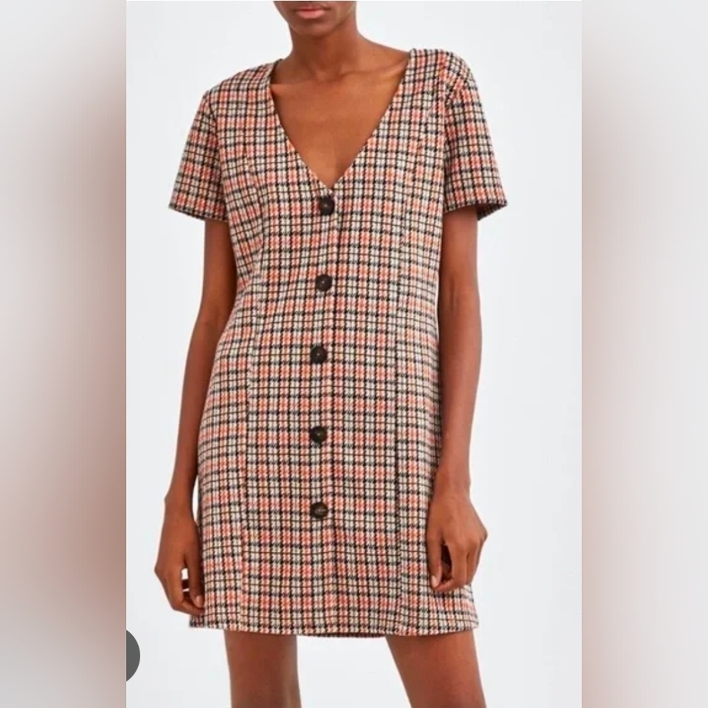 Zara Trafaluc Women’s Short Sleeve Button-Up Plaid Mini Dress M